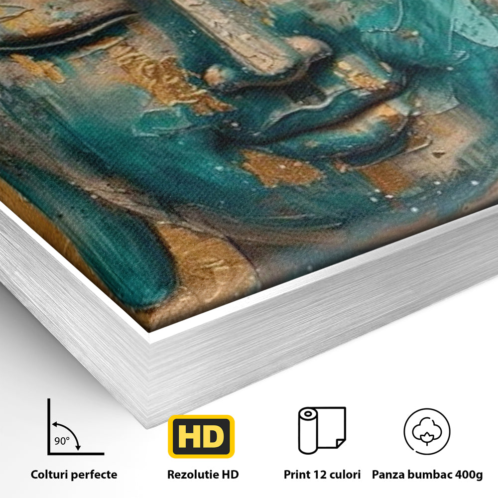 Detaliu al suprafetei: tablou canvas cu capul lui buddha, in rama de aluminiu argintiu